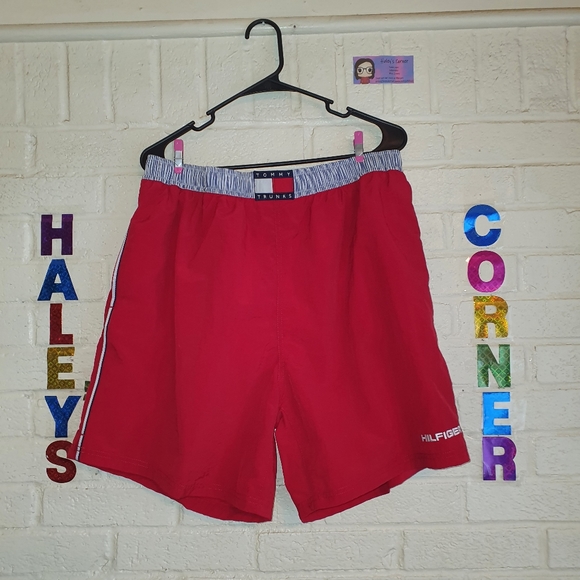 Vintage Tommy Hilfiger Nylon Swim Trunks Shorts Mesh Lined Red White Blue Sz XL - Picture 1 of 7